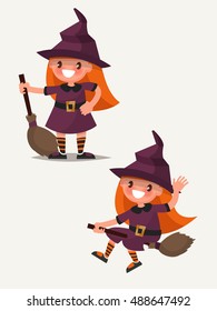 Little cute witch is standing with broom and flying on a broom. Vector illustration of a flat design