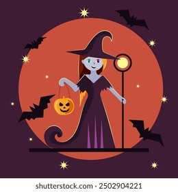 little cute witch in violet hat with magic staff on orange background. halloween witching girl in flat simple style. charmer for halloween illustrations. witch girl with pumpkin in her hand