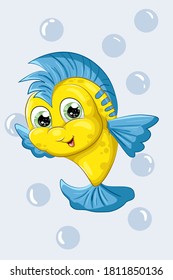 A little cute yellow blue fish, design animal cartoon vector illustration