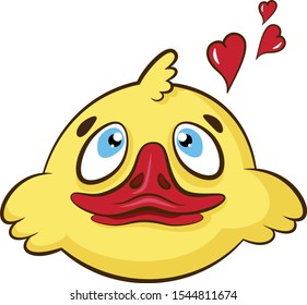 little cute yellow cartoon duckling with blue eyes  thinks about love on an isolated white background. The head of duck