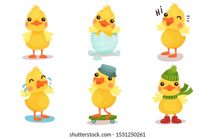 Little cute yellow humanized duckling. Vector illustration.