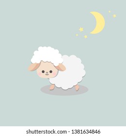 Little cuties sheep stand alone at night. Cute cartoon character vector design. Cartoon animal happy face , smile and funny. At night times has moon and many little star on the sky. Vector EPS 10.