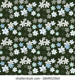 Little daisy elements seamless pattern. Dark background with flowers in blue, white and beige tones. Designed for wallpaper, textile, wrapping paper, fabric print. Vector illustration.
