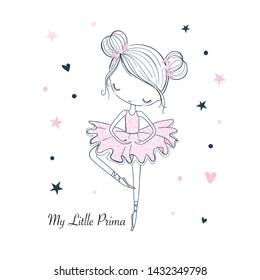 Little dancing Ballerina. Simple linear isolated vector graphic on a white background. Fashion illustration for kids clothing. Use for print, surface design, fashion wear
