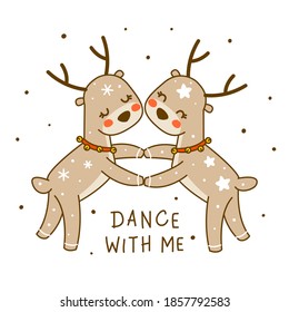 Сute little dancing deers isolated on white background - cartoon characters for funny Christmas and New Year winter greeting card and poster design