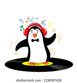 Little dancing penguin with headphones. Illustration in flat style