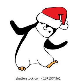 Pingüino bailarín con sombrero de santa, estilo dibujado a mano. Ilustración vectorial colorida.