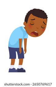 Little dark skin boy very tired.
The concept of the emotion of fatigue, exhaustion.
Cute cartoon character
