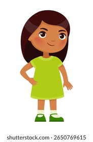 Menina de pele escura em uma pose confiante.
Conceito de emoções de autoconfiança, autoconfiança,
Personagem de desenho animado bonito