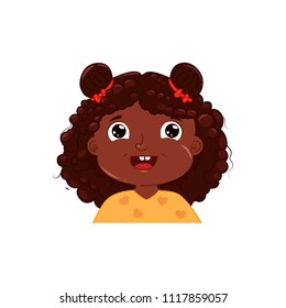 Little dark skinned girl cute smiling. Happy emotion African American child face. Vector cartoon illustration