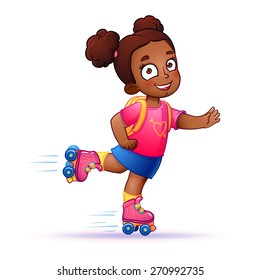 Little dark-skinned girl on roller skates. Teen rides on roller skates and enjoy the speed and freedom. girl in dress on roller skates. isolated vector illustration