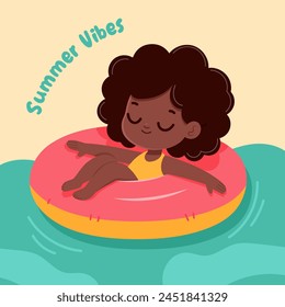 Little dark-skinned girl swims in inflatable ring. Girl relaxing on float swim ring. Girl on vacation swims in the pool, relaxes on the waves of water on inflatable ring