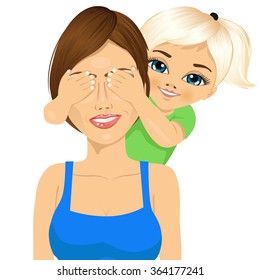 little daughter covering her happy mother eyes with her hands smiling