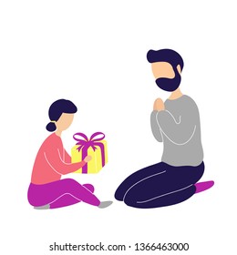 Little daughter giving gift to father. Modern trendy style flat vector design illustration. Isolated on white background.