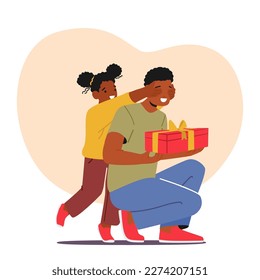 Little Daughter Handing A Gift To Her Dad Closing his Eyes, With A Smile On Her Face. Special Moment Of Love And Gratitude For Father's Day Or Family-related Themes. Cartoon Vector Illustration