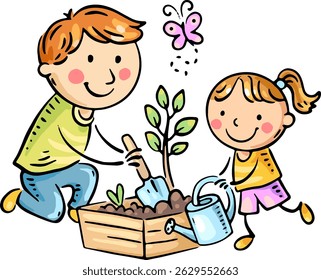 Little daughter helps her father planting a tree. Father and child spend time in the garden. Cartoon happy family clipart