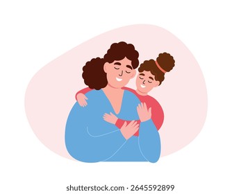 Little daughter hugs her mother. Love in the family. Vector flat graphic.