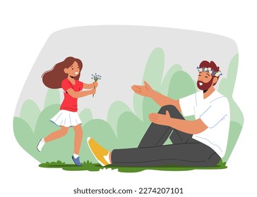 Niña Pequeña Presentando Un Bouquet De Flores A Su Padre En Un Parto Soleado. Alegría De La Gente Bonding. Familia feliz. Ilustración del vector