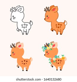 Little deer. 4 illustrations of cute deer: black-n-white, outlined, flat and decorated with flowers. Vector 8 EPS.