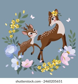 Little deer baby and mother with lovely flowers, vector illustration, Happy Mother's Day, artwork for kids prints, wallpapers, 