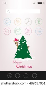 Little deer baby wearing santa hat hiding behind the fir tree. Christmas mobile interface wallpaper design. Vector illustration