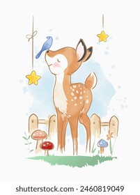 little deer and bird on fence background cartoon illustration