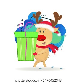 Little deer carrying big giftbox. Cartoon, present, character. Can be used for topics like Christmas, holiday, surprise