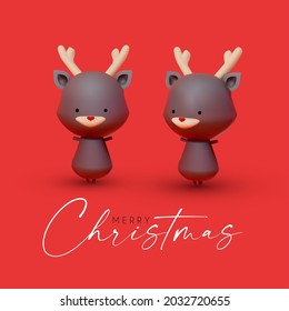 Little Deer. Christmas reindeer 3D character in two views. Realistic toy design.