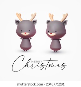 Little Deer. Christmas reindeer 3D character in two views. Realistic toy design.