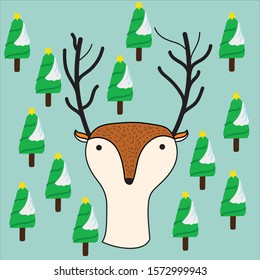 Little deer with christmas tree. Deer cute. Vector.