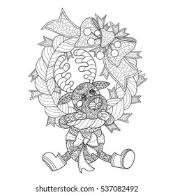 Little deer and the Christmas wreath. Zentangle stylized cartoon isolated on white background. Hand drawn sketch illustration for adult coloring book, 
T-shirt emblem, logo or tattoo, design elements.