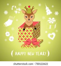 Little deer in festive cap in a gift box. Christmas vector illustration. Greeting card.