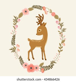 Little deer in a floral wreath. Fawn cartoon vector illustration. Elegant card template