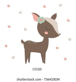 Little deer with flowers. Vector hand drawn illustration.