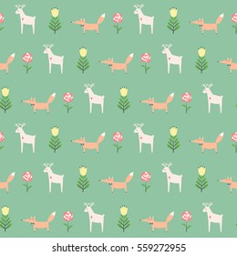 Little Deer Fox Spring Flowers Seamless Stock Vector (Royalty Free ...