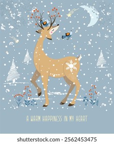 
Little deer makes a wish on Christmas night. Shooting star. Birds and deer. New Year's card.