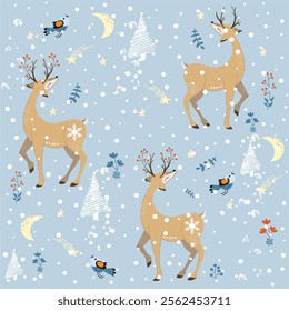 
Little deer makes a wish on Christmas night. Shooting star. Birds and deer. New Year's card.