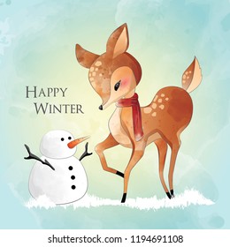 Little Deer Playing with Snowman