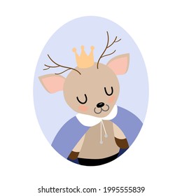 
little deer portrait in crown in oval frame on the white background