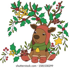 Little deer with sprigs of mistletoe and holly on the horns. Christmas and New Year card illustration