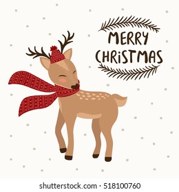 Little Deer in winter hat and scarf. Vector illustration useful for winter holidays and greeting cards.