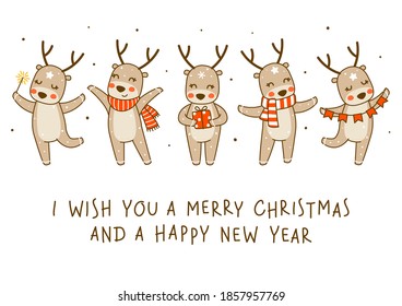 Сute little deers isolated on white background - cartoon characters border for funny Christmas and New Year winter greeting card and poster design