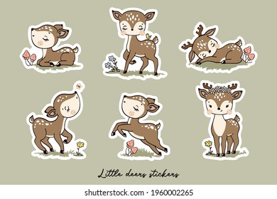 Little deers stickers collection. Cartoon characters in hand drawn style