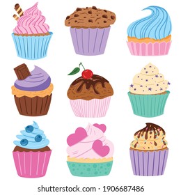 Little delicious cupcakes and muffins with  chocolate cream. Delicious cupcakes. Vector illustration design