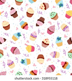 Little delicious cupcakes with sprinkles and party confetti, seamless vector pattern