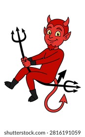 Little demon illustration, red mischievous character, mythical satan creature, hellish fantasy art.
