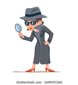 Little Detective Woman Snoop Magnifying Glass Tec Search Help Female Cartoon Character Isolated Design Vector Illustration