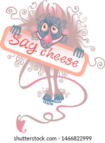 Little devil asks to say cheese. Vector graphics.