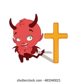 Little devil being afraid of a cross