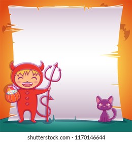 Little devil with black kitten. Happy Halloween party. Editable template with text space.